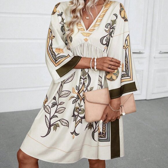 . Dresses & Skirts - Multicolor Women's Floral Print V-Neck Loose Vacation Style Dress For Summer